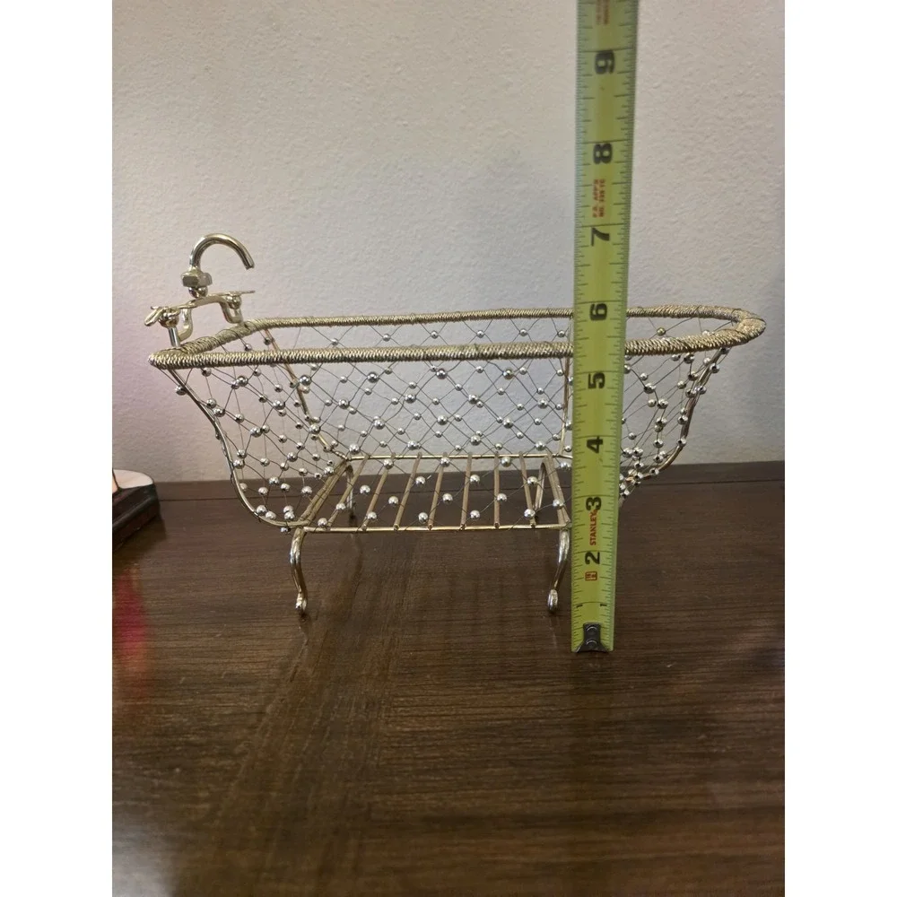 Gold Wire Beaded Clawfoot Bathtub Basket Bathroom Vanity Caddy Towel Soap Holder
